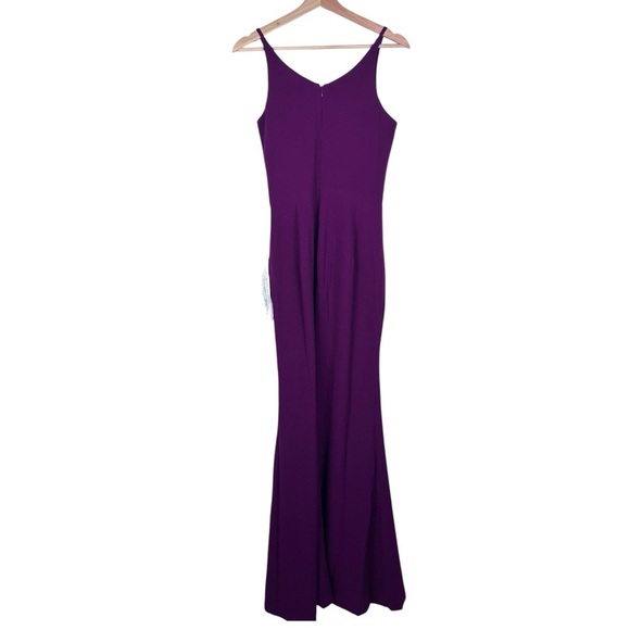 DRESS THE POPULATION IRIS DARK MAGENTA CREPE FITTED HIGH SLIT FLOOR LENGTH GOWN - Picture 5 of 14